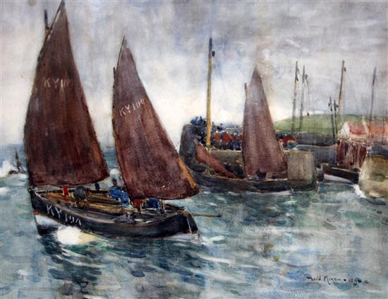 David Martin (fl.1887-1935) Fishing boats leaving harbour, 16.75 x 23.5in., unframed